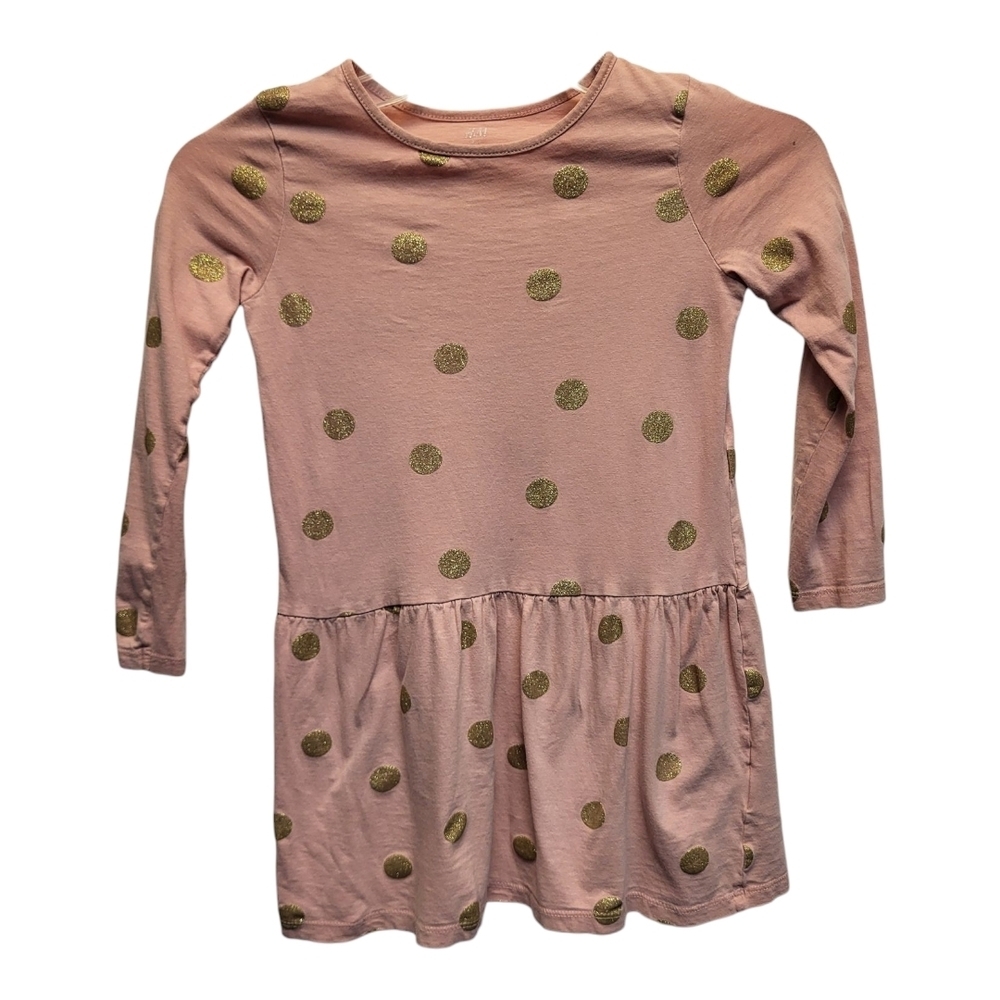 H&M Kids Pink Long Sleeved Ruffle Dress with Gold Polka Dots - Size 7-8 M
